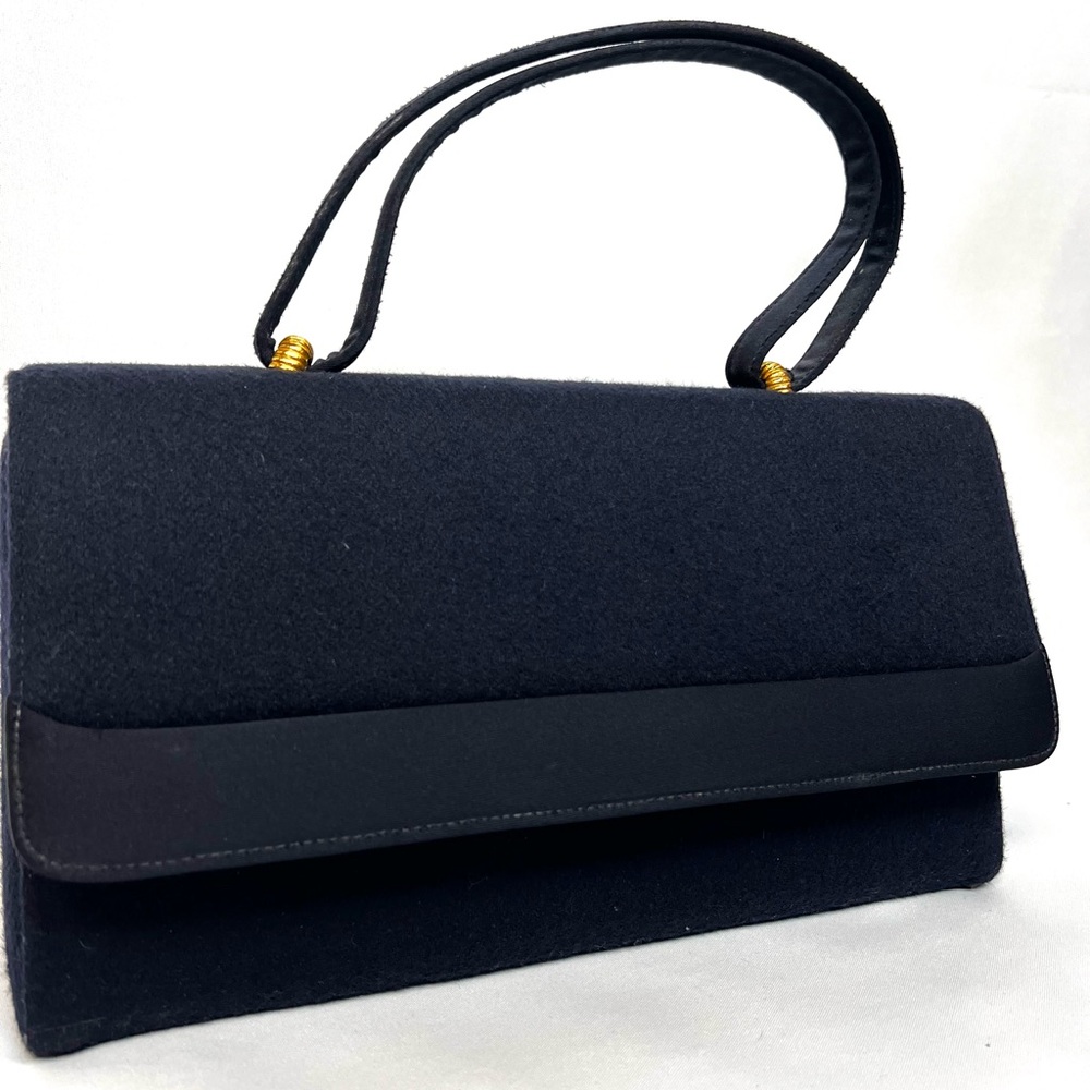 Vintage Lewis Top Handle Evening Bag Navy Felt Structured Purse Gold Hardware